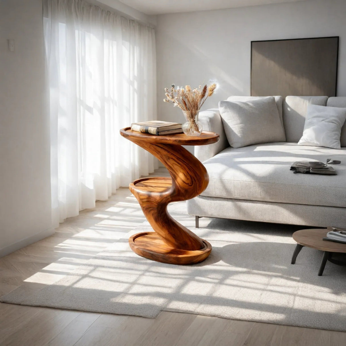 Sculptural Solid Wood Side Table Two Tier Design for Living Room and Reading Corner