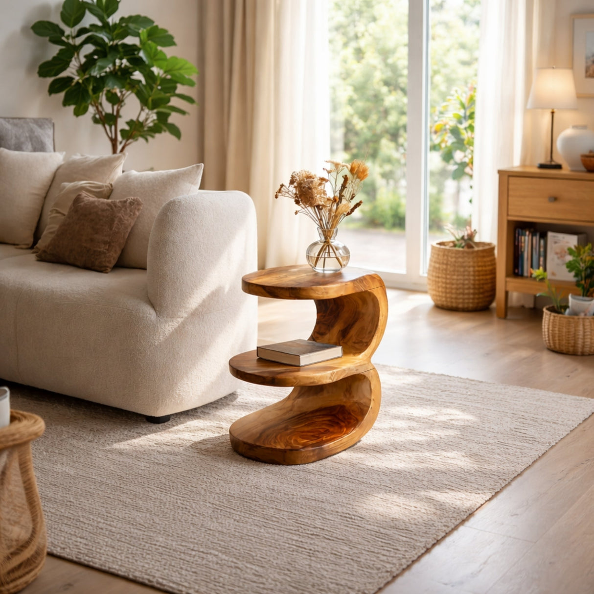 Organic Two Tier Solid Wood Side Table for Sofa or Reading Nook