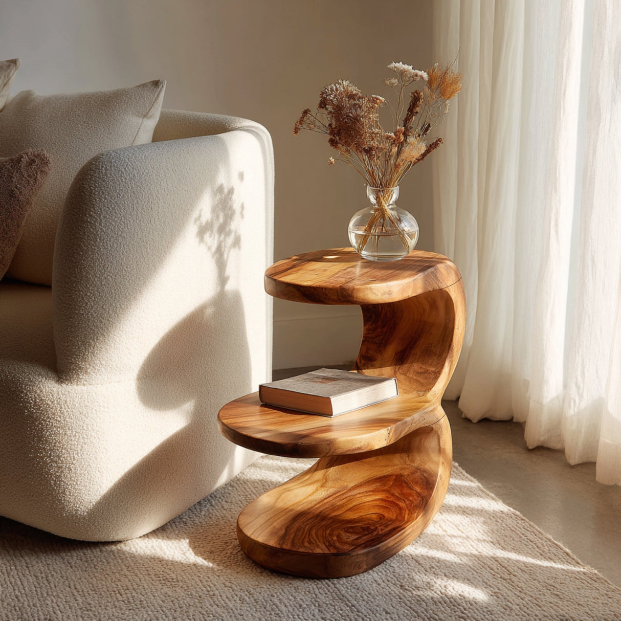 Organic Two Tier Solid Wood Side Table for Sofa or Reading Nook