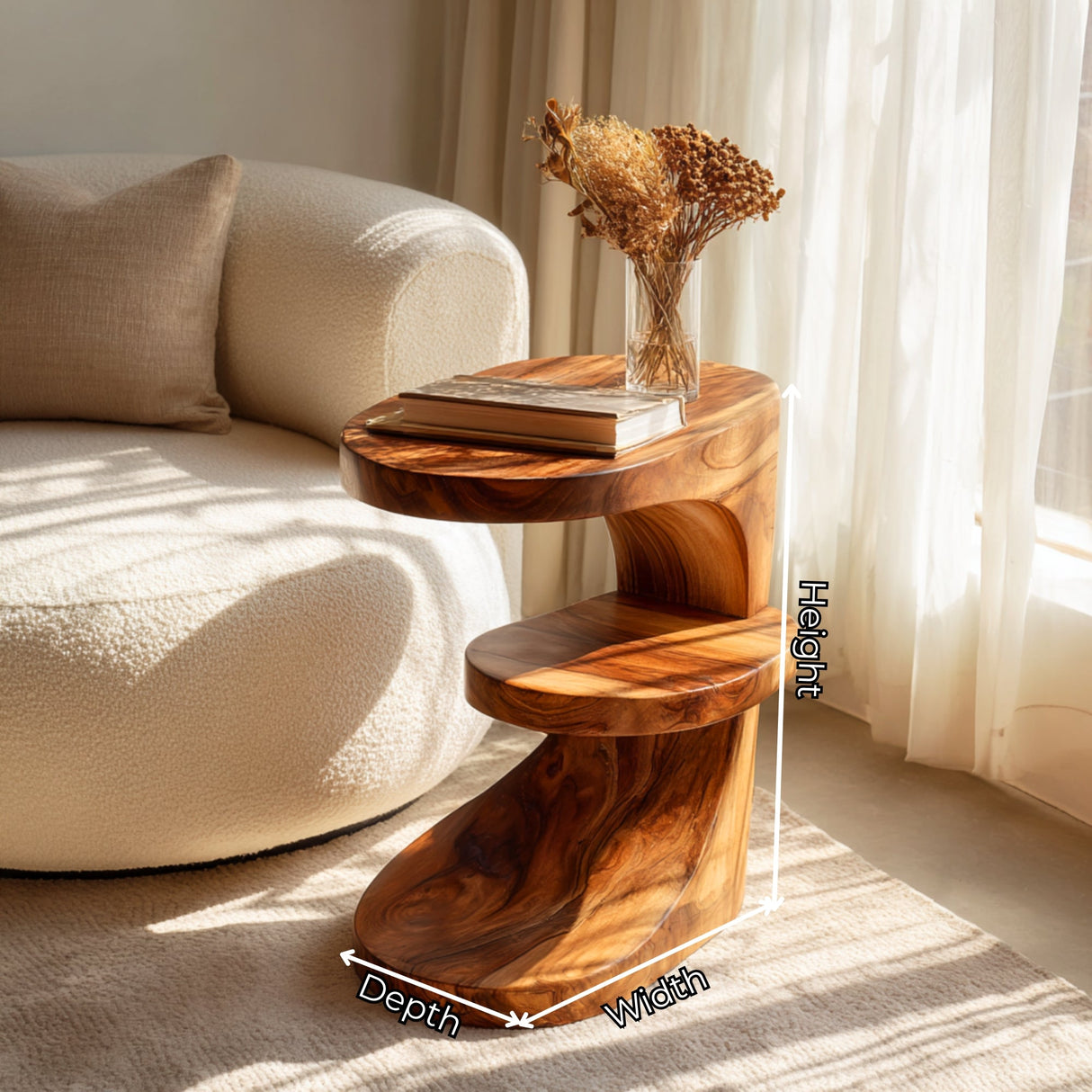 Sculptural Solid Wood Side Table for Living Room and Reading Nook
