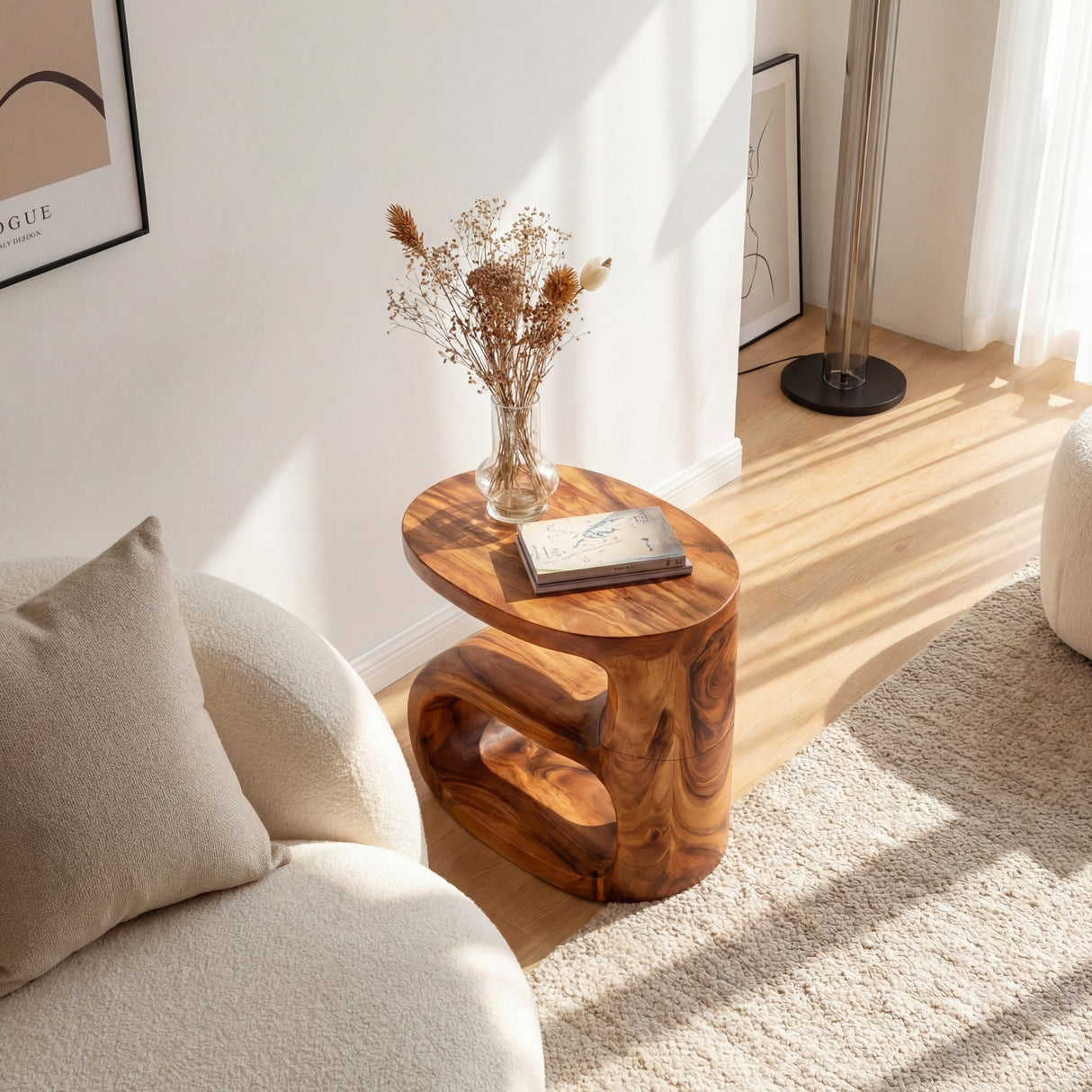 Solid Wood Sculptural Side Table for Sofa and Reading Corner