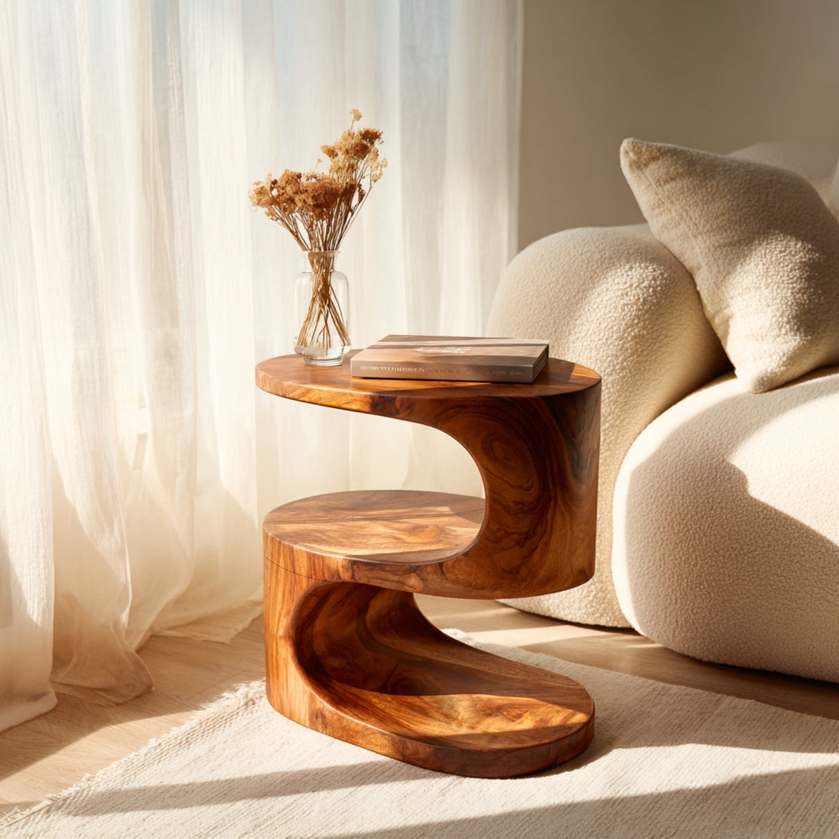 Curved Solid Wood Side Table Two Tier Organic Design for Living Room