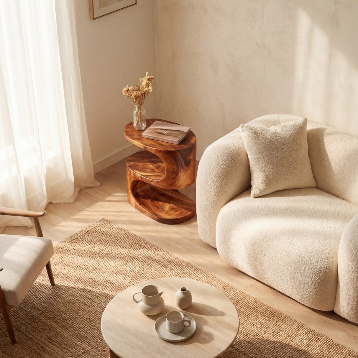 Curved Solid Wood Side Table Two Tier Organic Design for Living Room