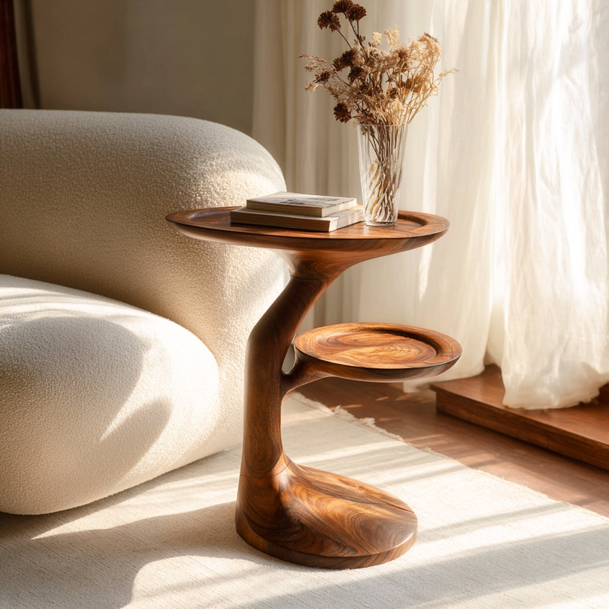 Sculptural Solid Wood Side Table with Offset Shelf for Living Room or Reading Nook
