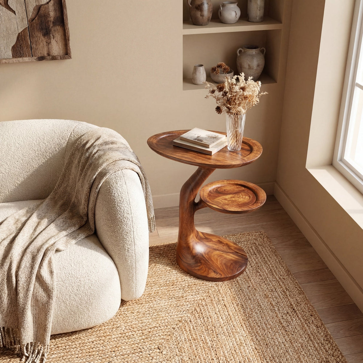 Sculptural Solid Wood Side Table with Offset Shelf for Living Room or Reading Nook