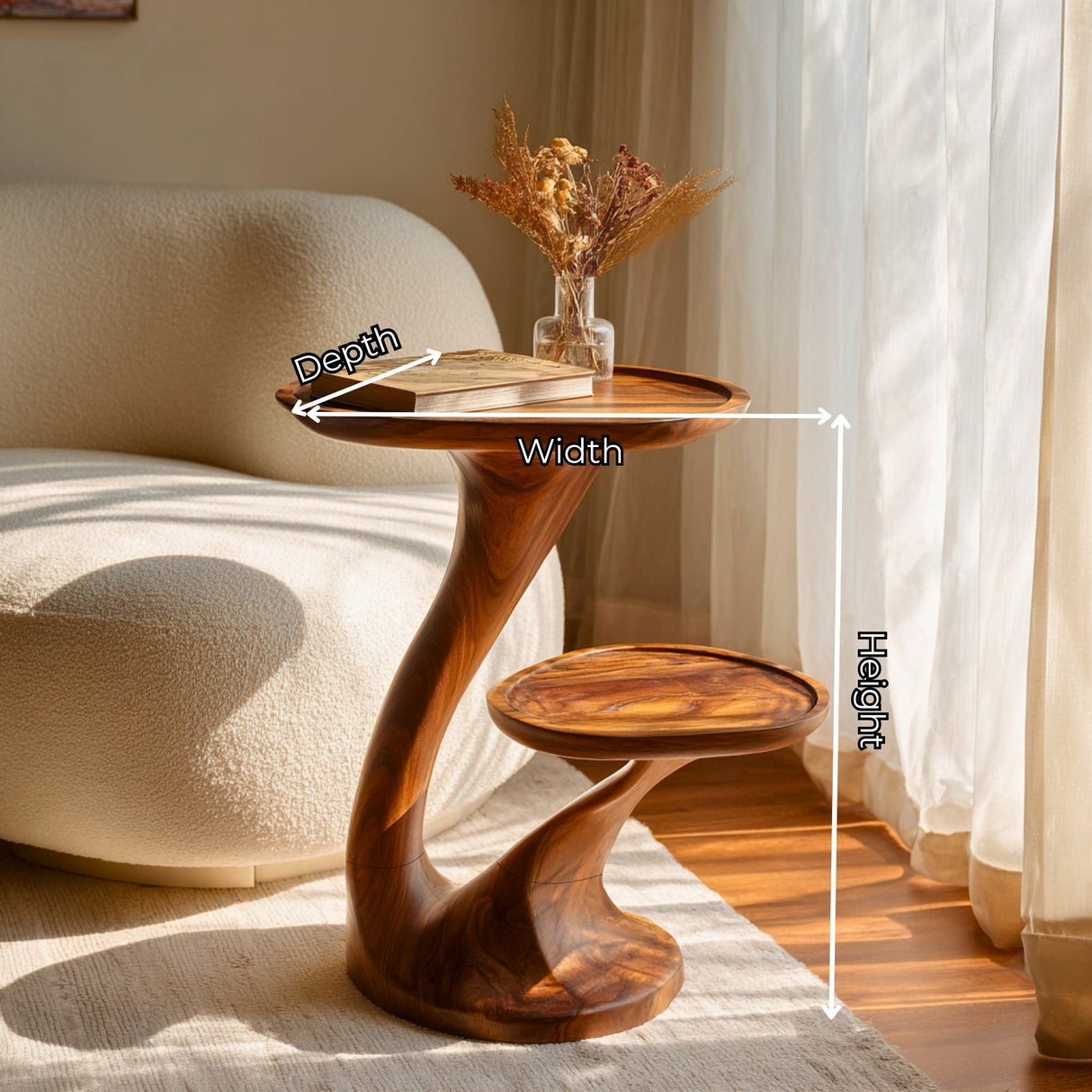 Sculptural Two-Tier Solid Wood Side Table for Living Room and Reading Corner Decor