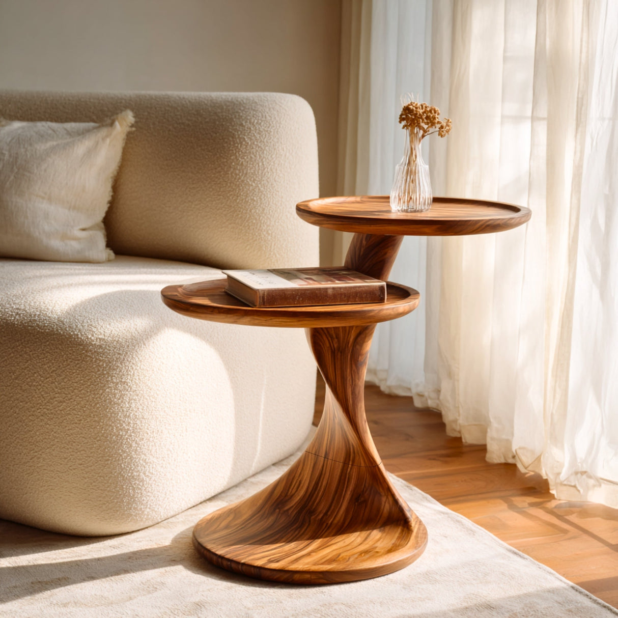 Two Tier Sculptural Solid Wood Side Table for Living Room and Reading Corner
