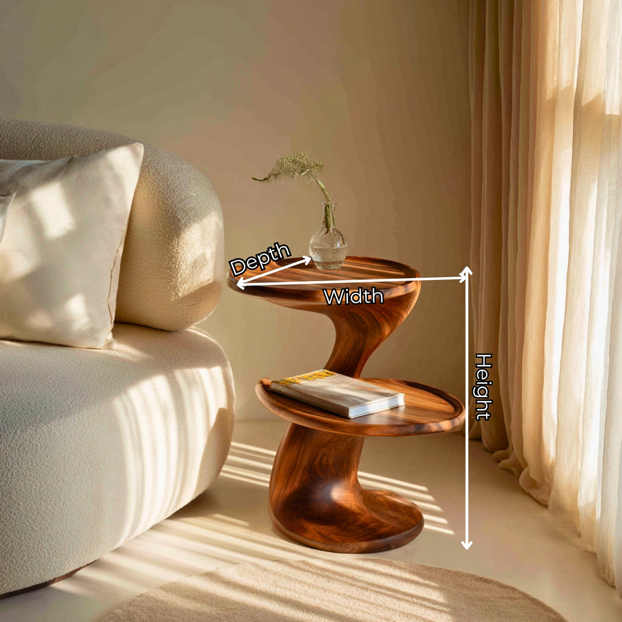 Two Tier Solid Wood Side Table for Living Room or Bedroom Sculptural Accent