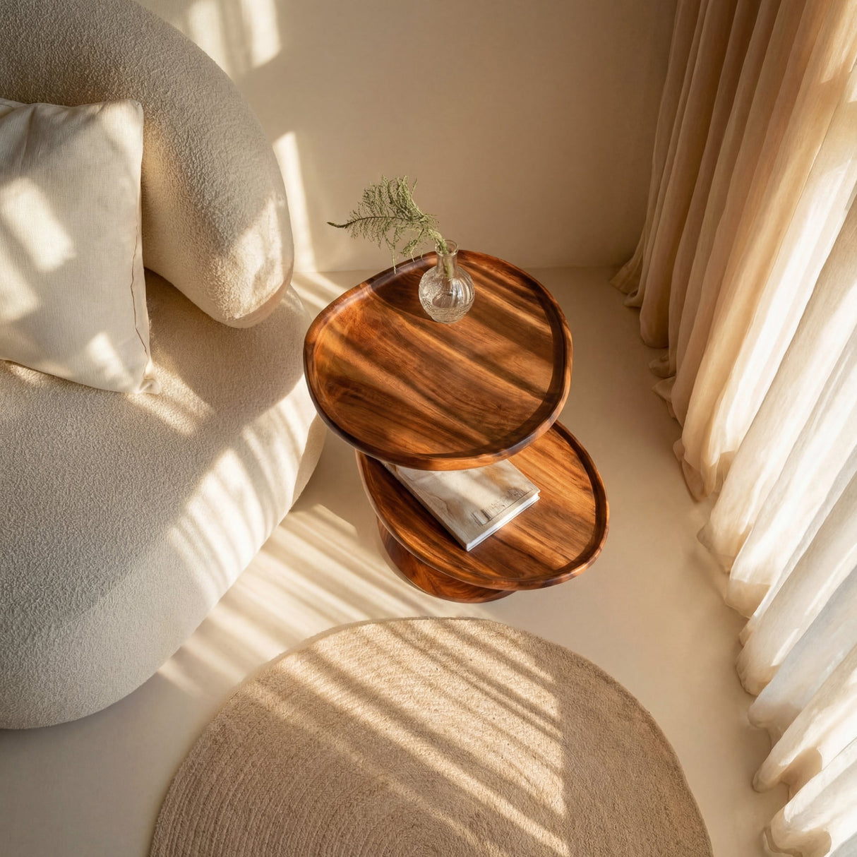 Two Tier Solid Wood Side Table for Living Room or Bedroom Sculptural Accent