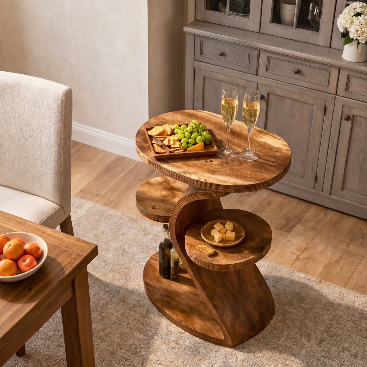 Modern Sculptural Side Table for Living Room with Three Tier Display Shelves