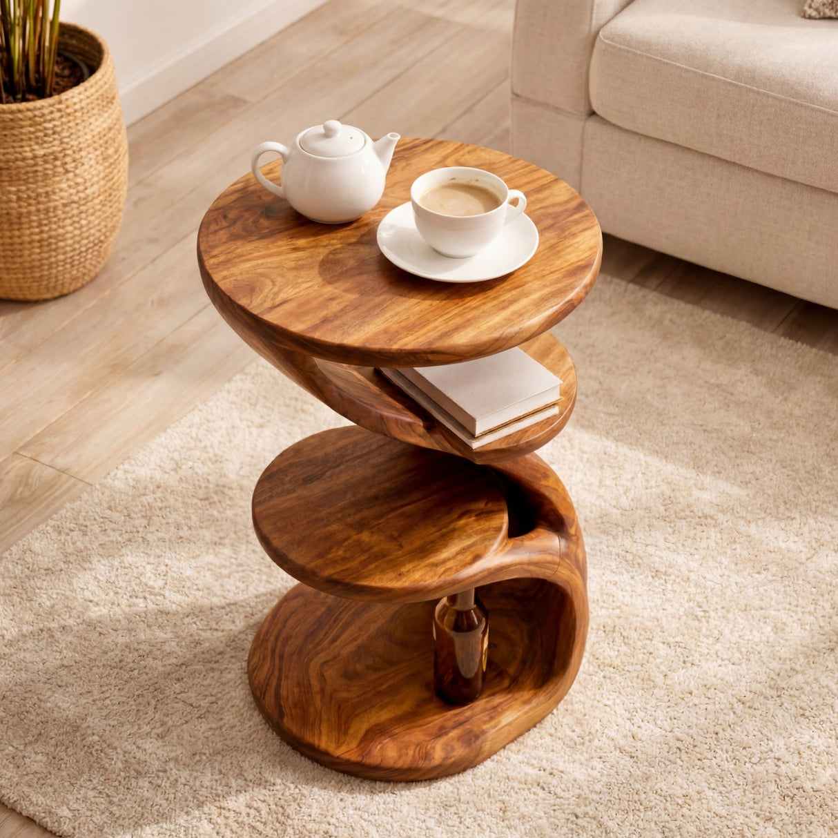 Modern Sculptural Three Tier Solid Teak Side Table for Living Room Use