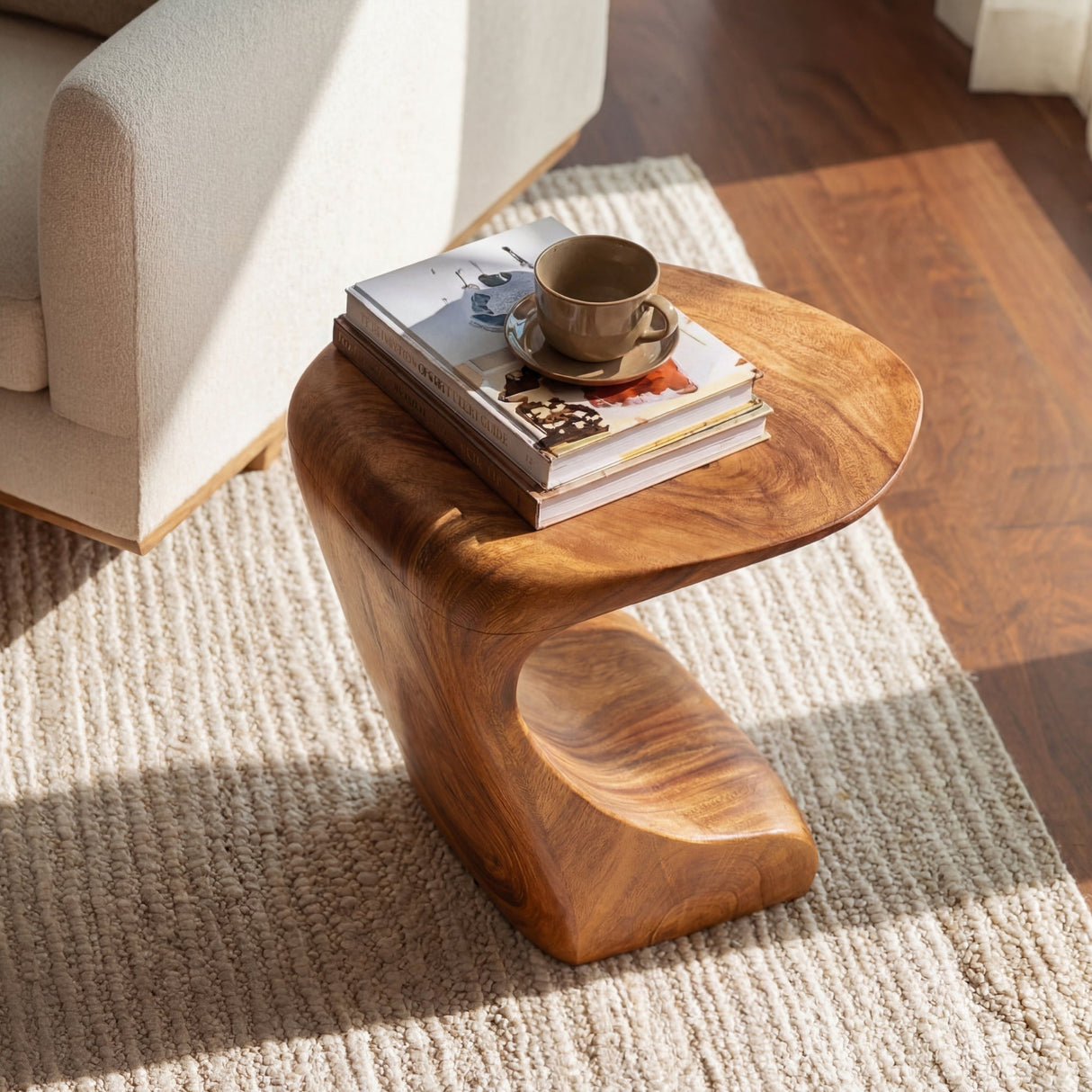 Modern Sculptural Solid Wood Side Table for Living Room Interior Decor