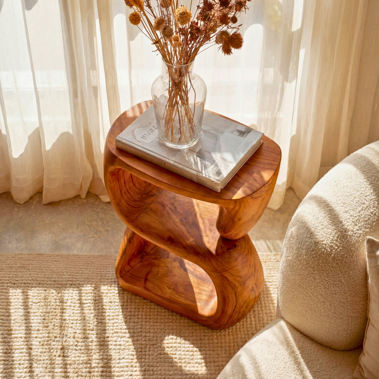 S-Form Sculpted Solid Wood Accent Side Table for Living Room Decor