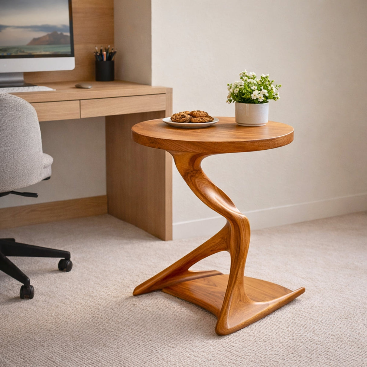 Twist Stem Solid Wood Side Table with Round Top for Living Room Decor