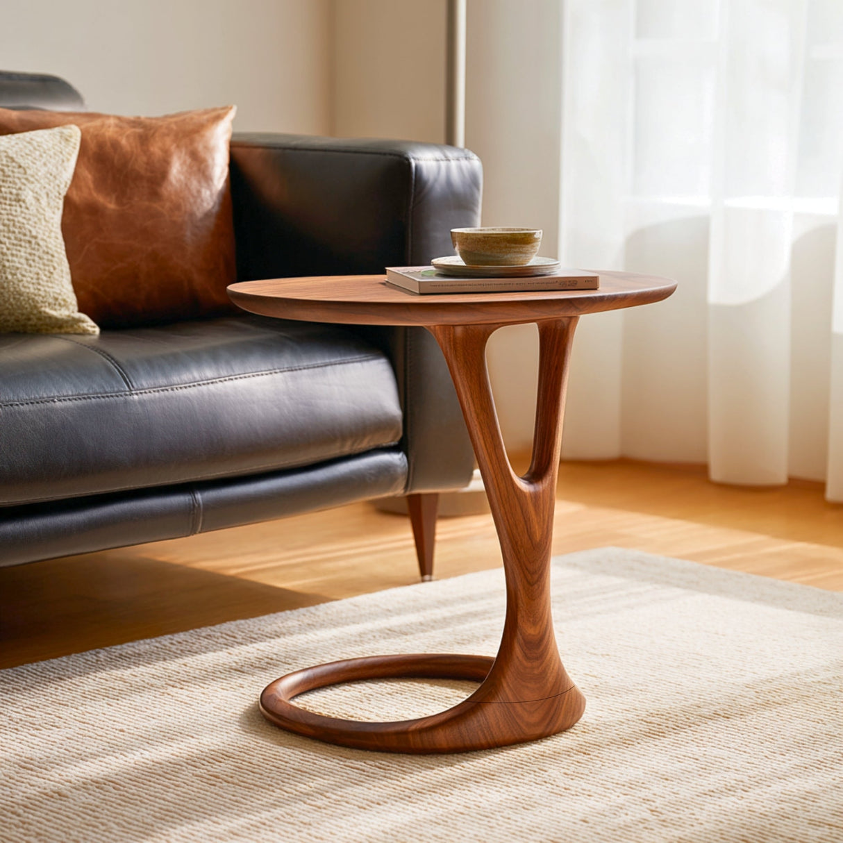 Loop Base Solid Wood Side Table with Round Top for Living Room Decor