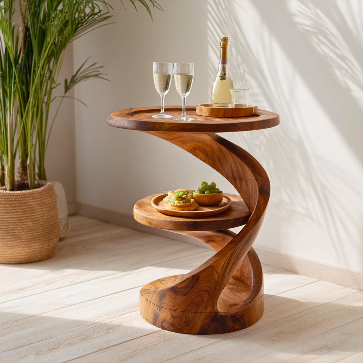 Helix Two Level Solid Wood Side Table with Tray Top for Living Room Decor
