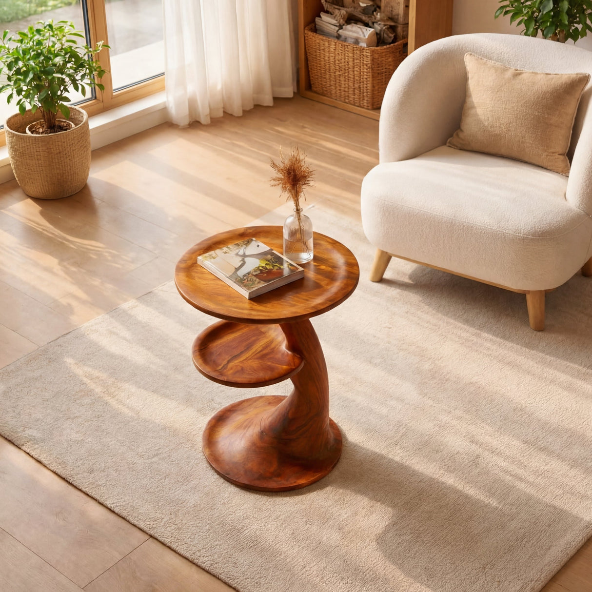 Two Tier Sculptural Solid Wood Side Table for Living Room Decor