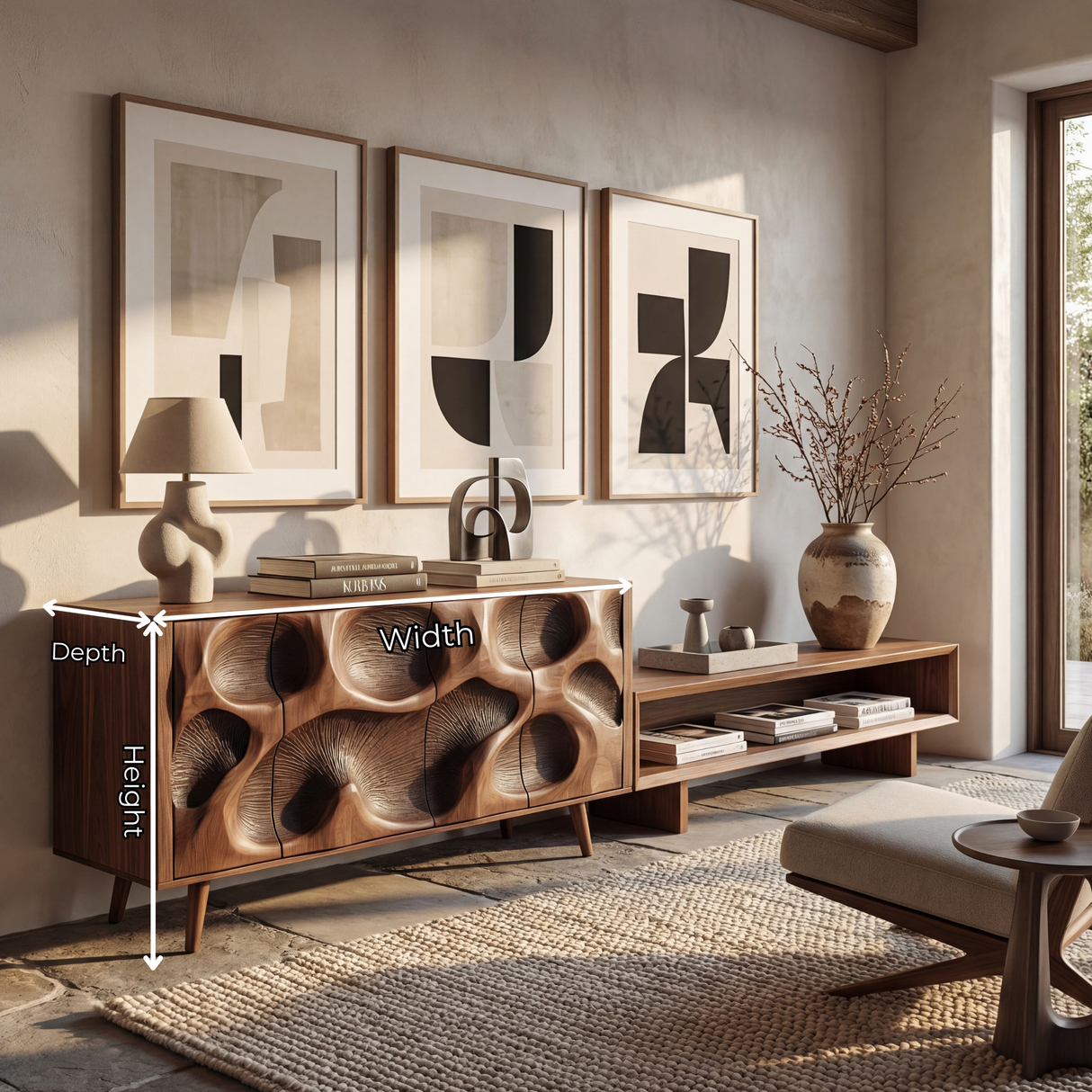Organic Carved Solid Wood Credenza for Living Room and Dining Storage
