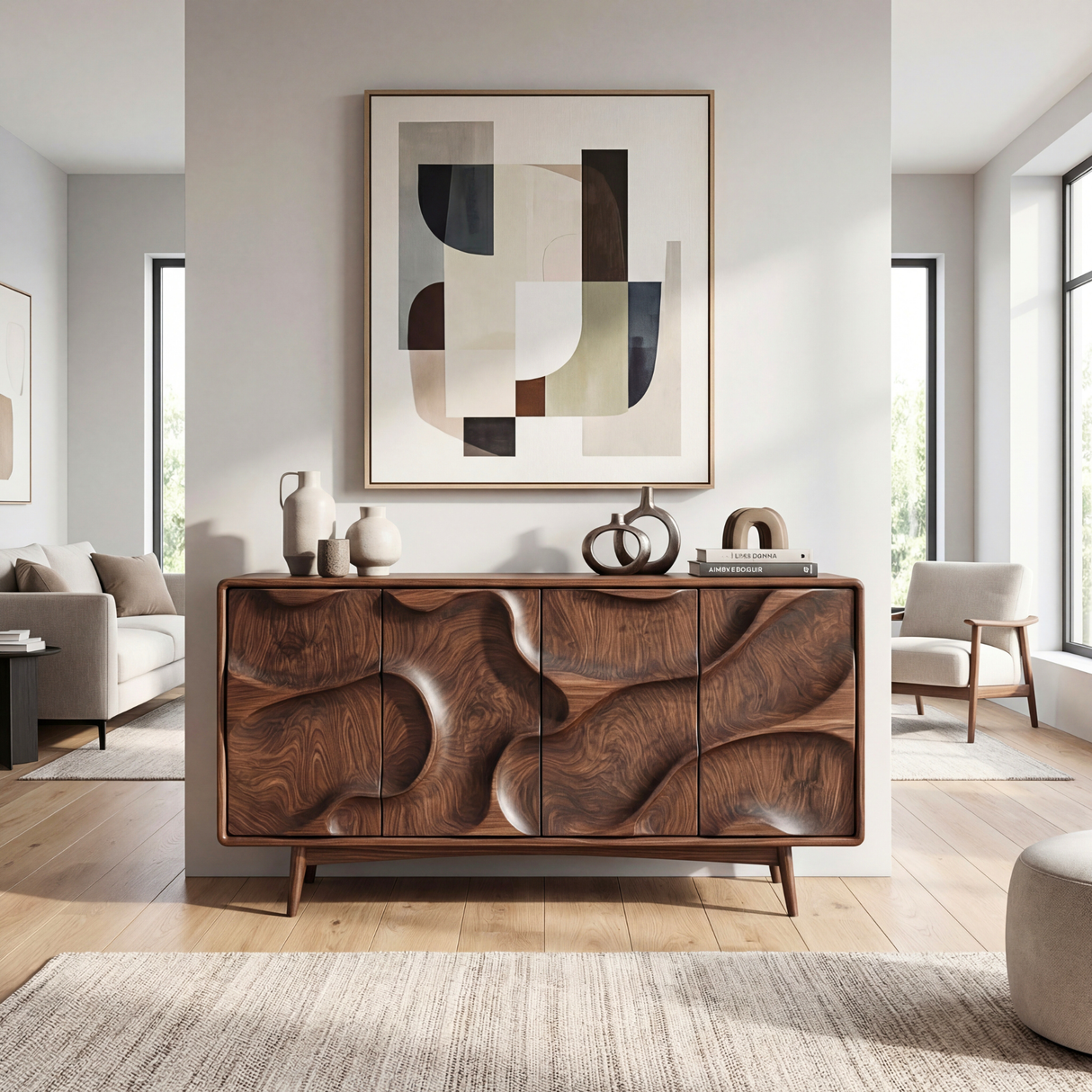Organic Carved Solid Wood Sideboard Cabinet for Living and Dining Room Storage