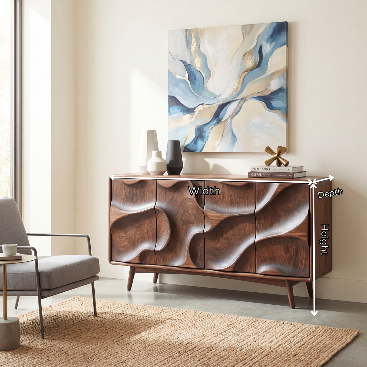 Organic Carved Solid Wood Sideboard Cabinet for Living and Dining Room Storage