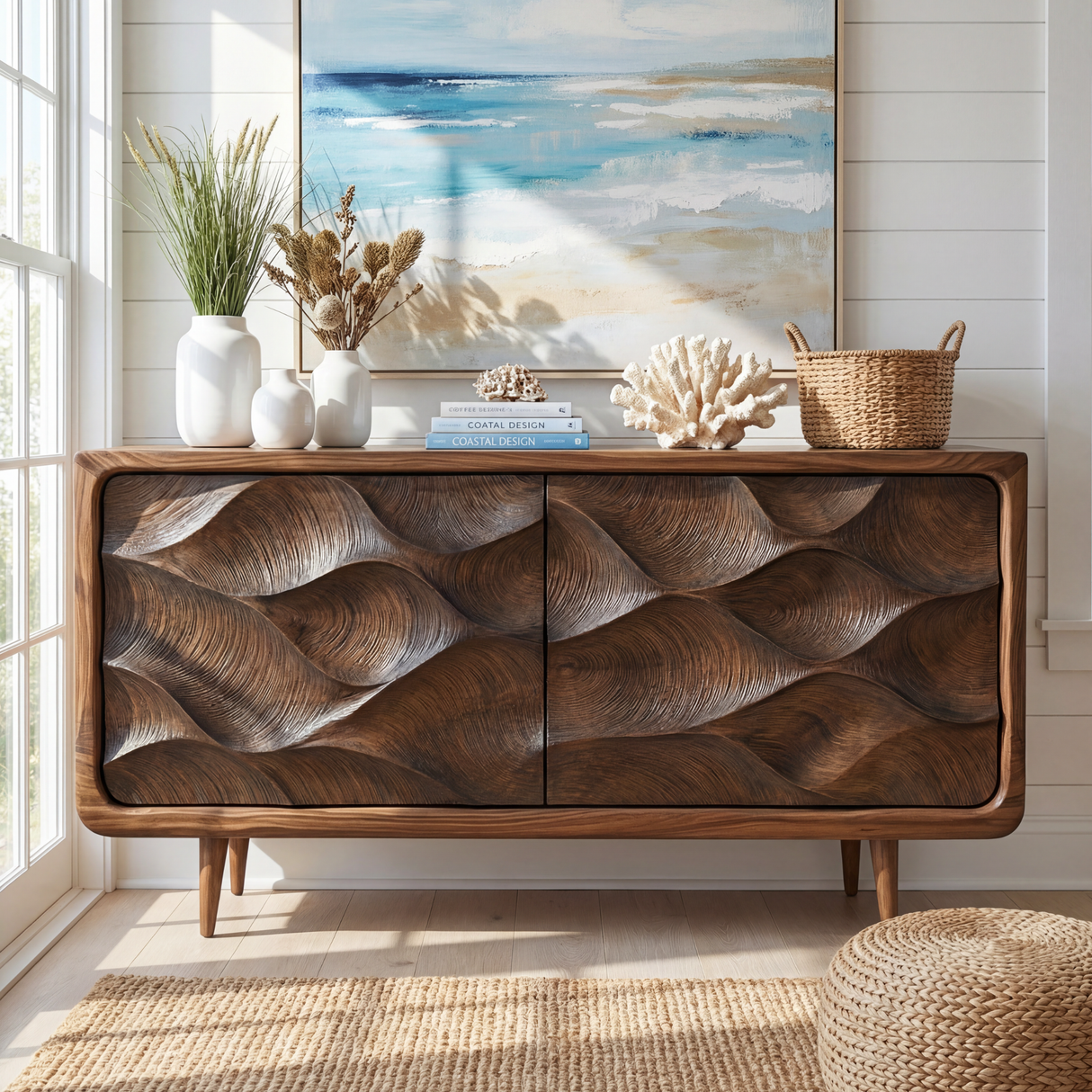 Wave Carved Solid Wood Sideboard Cabinet for Living and Dining Room Storage