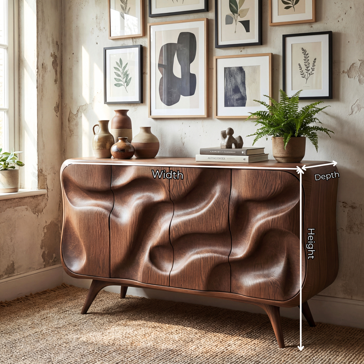 Curved Wavefront Solid Wood Credenza for Modern Living and Dining Room Storage