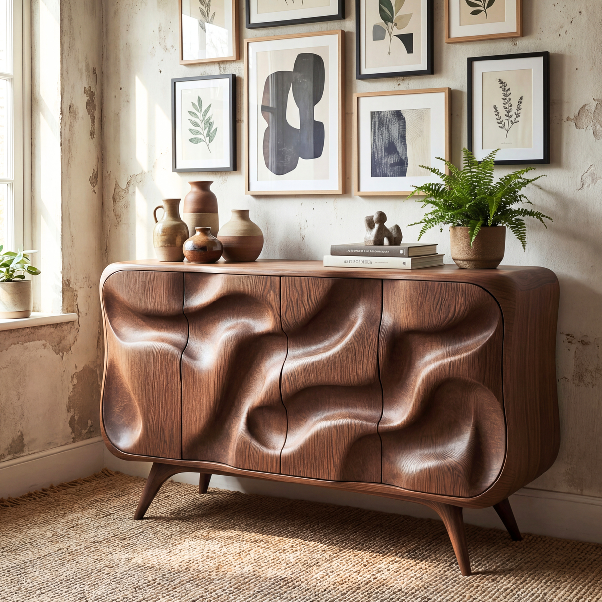 Curved Wavefront Solid Wood Credenza for Modern Living and Dining Room Storage