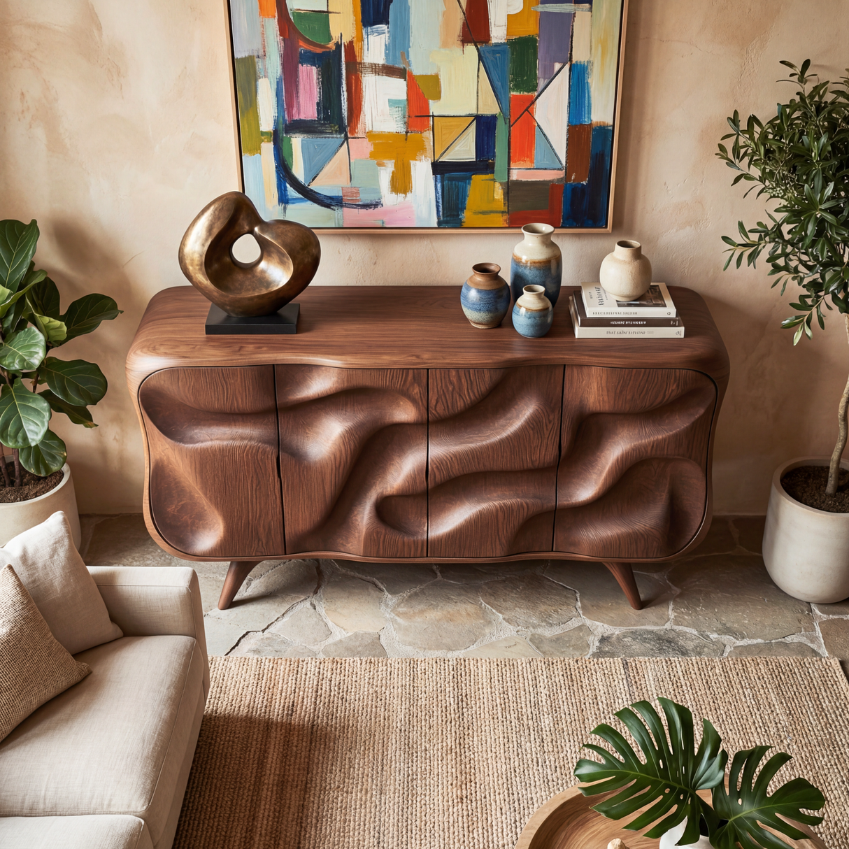 Curved Wavefront Solid Wood Credenza for Modern Living and Dining Room Storage