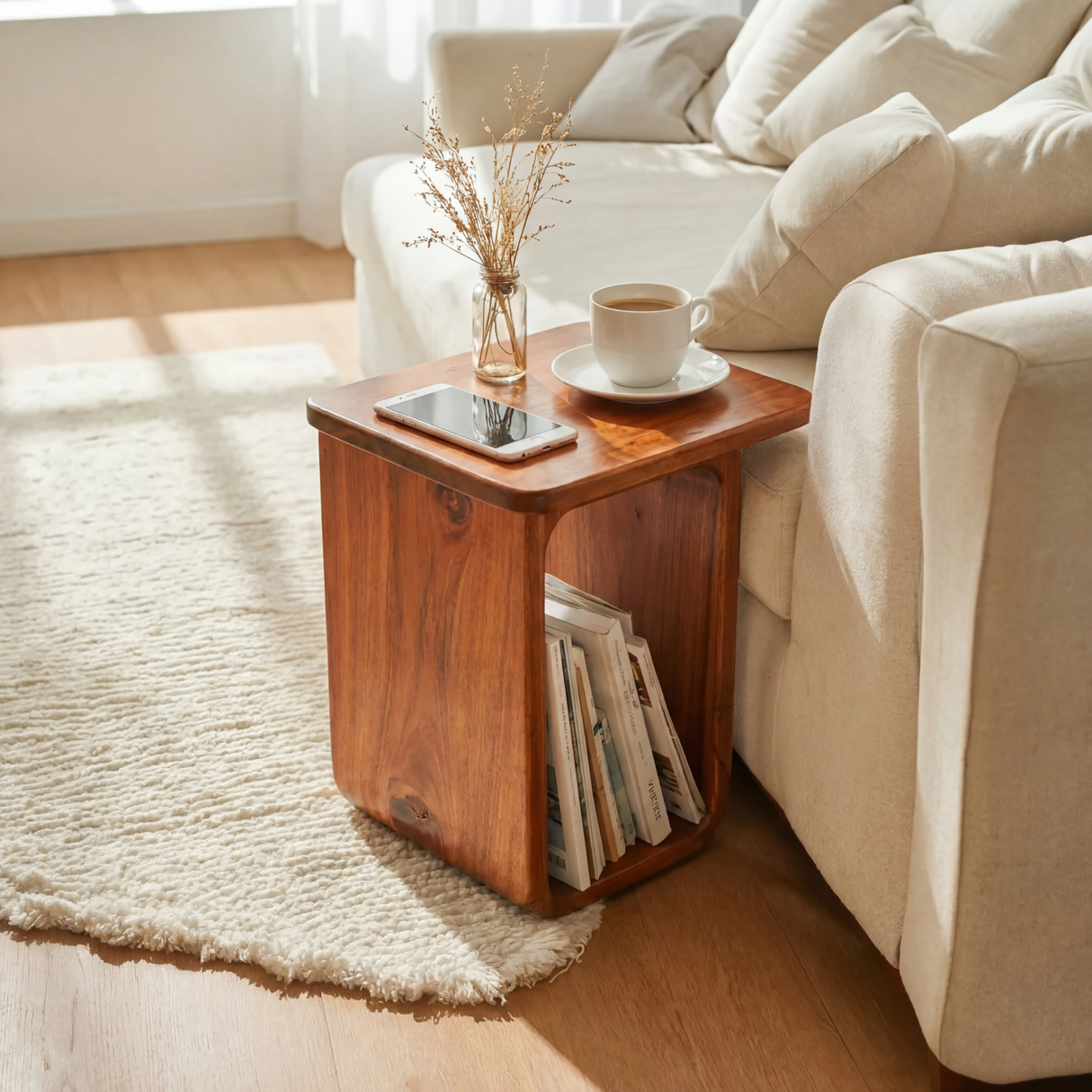 Sculptural Solid Wood Side Table for Living Rooms and Reading Corners