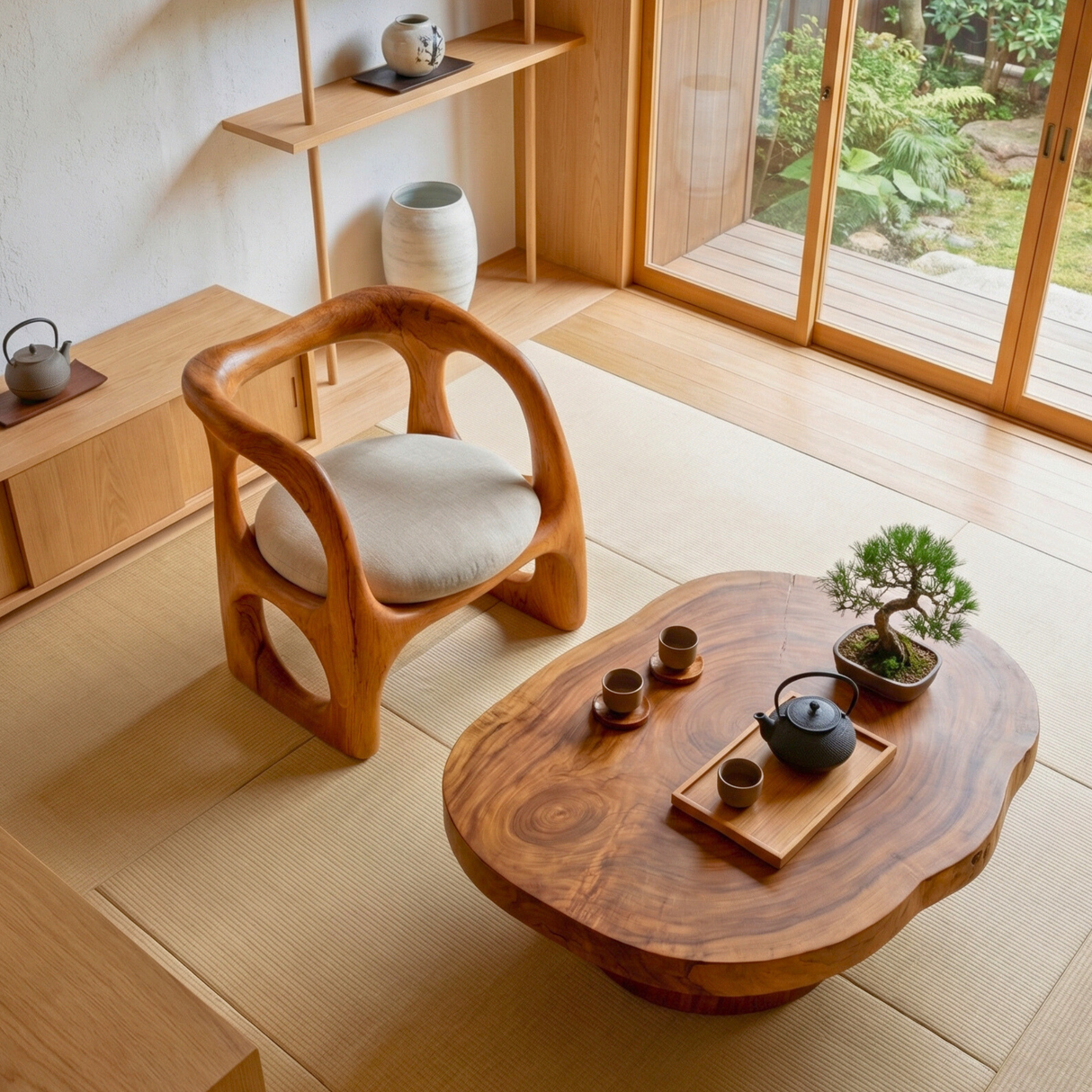 Organic Solid Wood Lounge Chair with Sculpted Frame for Living Room Reading Corner or Tea Room