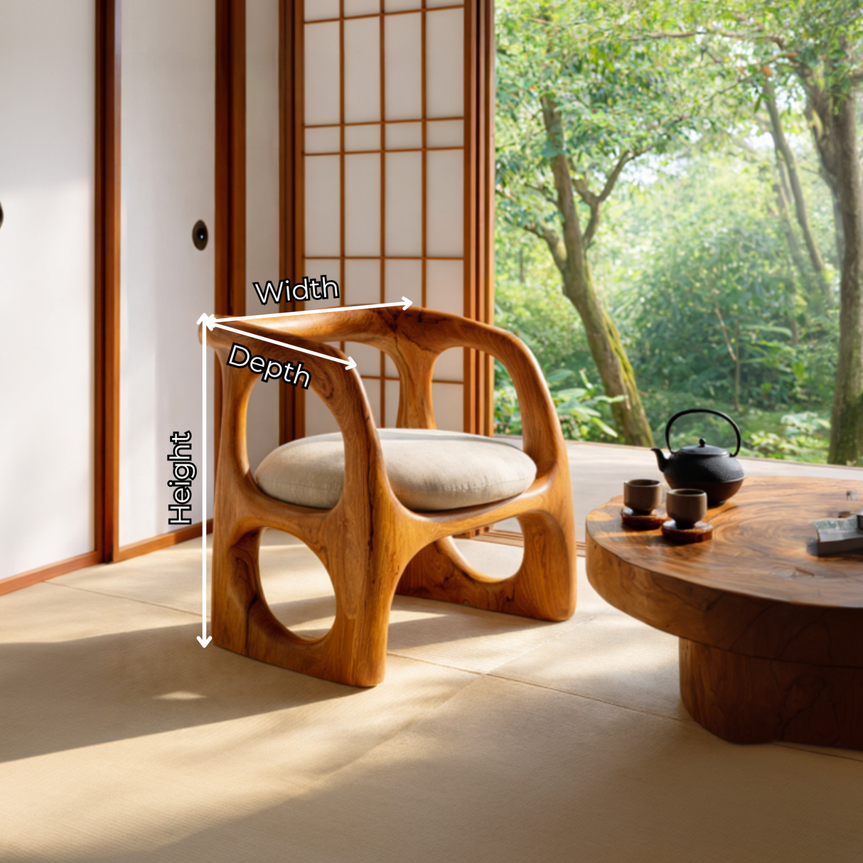 Organic Solid Wood Lounge Chair with Sculpted Frame for Living Room Reading Corner or Tea Room
