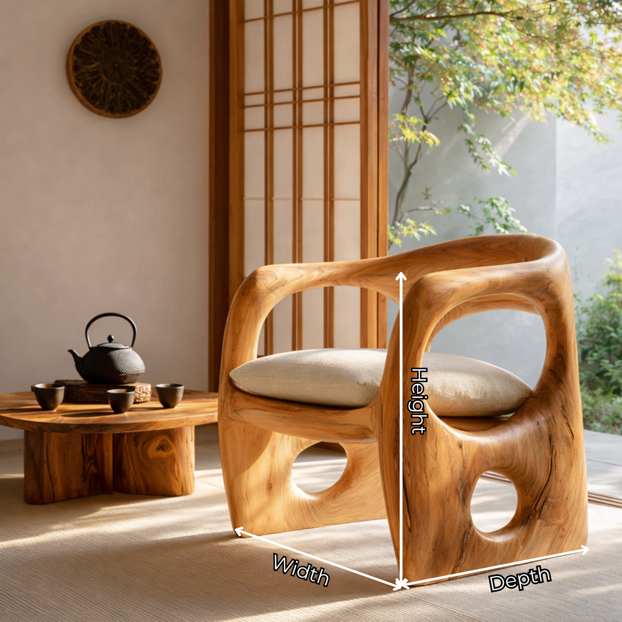 Hand Carved Solid Wood Lounge Chair with Organic Sculptural Design for Living Room