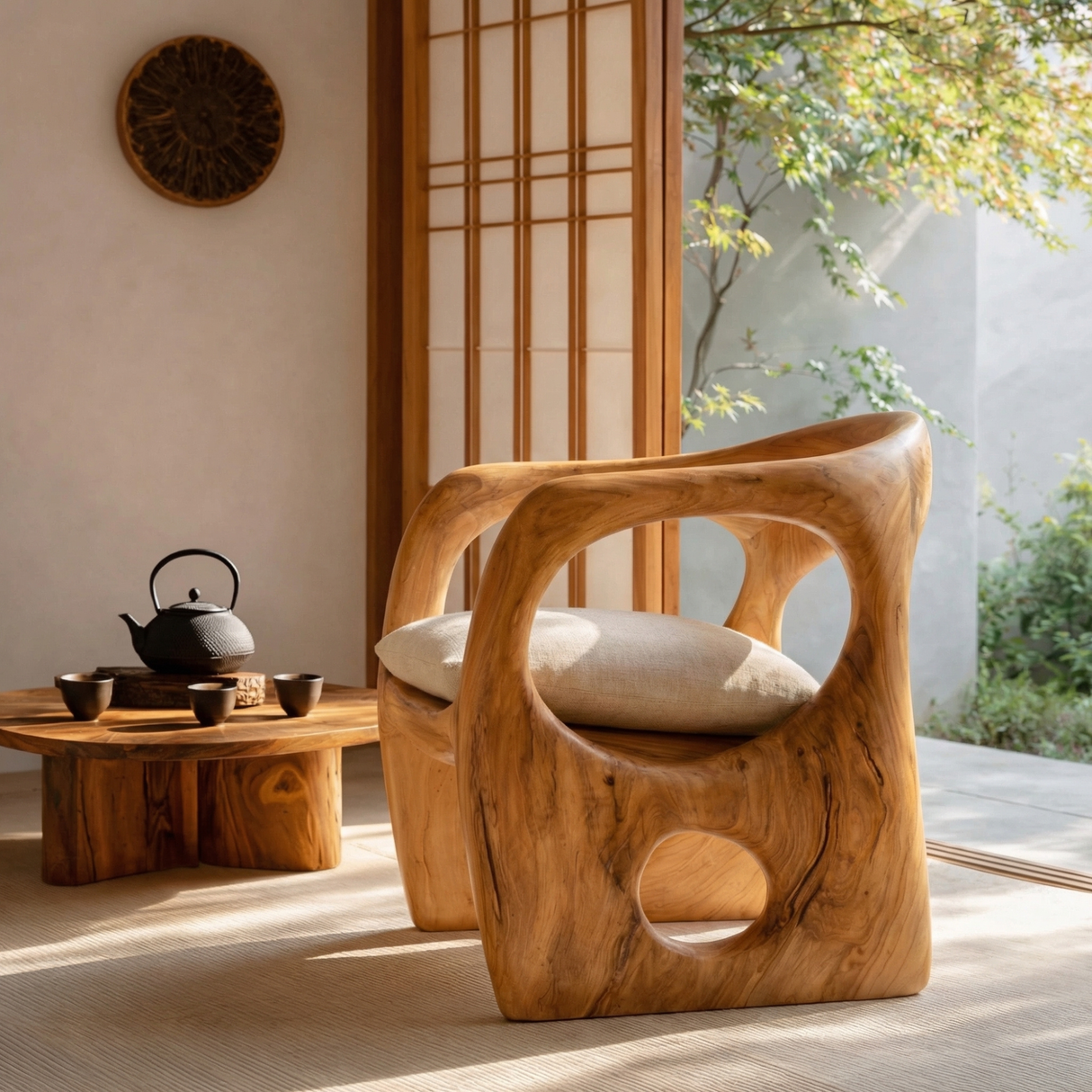 Hand Carved Solid Wood Lounge Chair with Organic Sculptural Design for Living Room