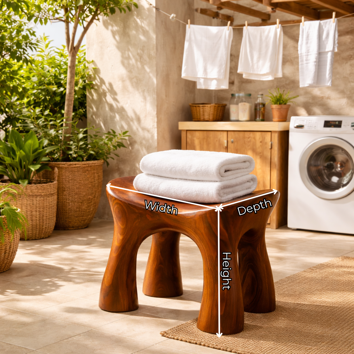 Solid Wood Shower Bench with Sculpted Organic Design for Bathroom Spa or Shower Space