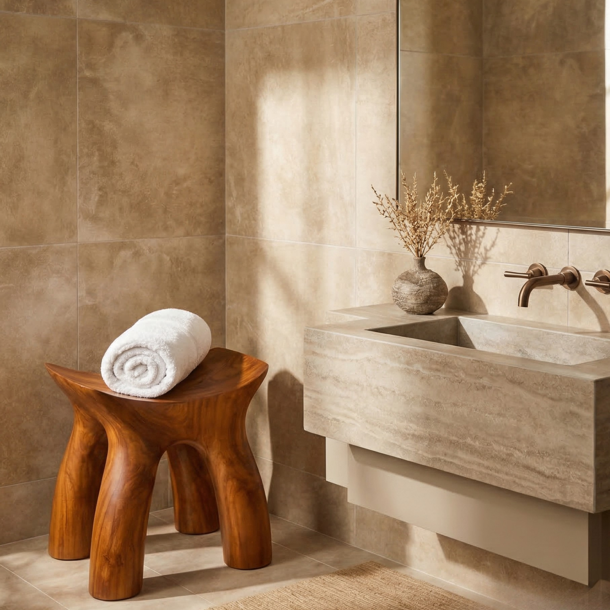 Organic Solid Wood Shower Stool with Curved Seat Design for Bathroom Spa or Bath Corner