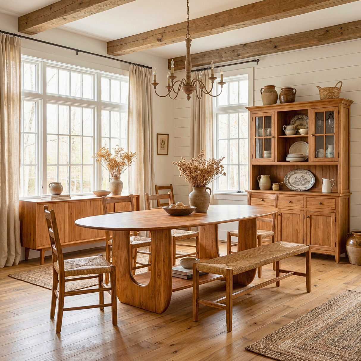 Oval Solid Wood Dining Table with Sculptural Base and Storage Shelf for Dining Room