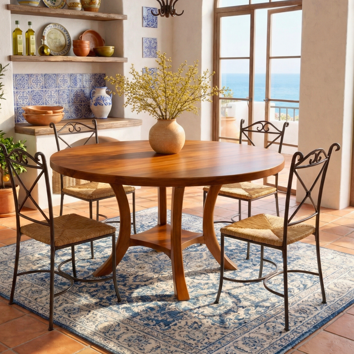 Round Solid Wood Dining Table with Curved Pedestal Base for Dining Room