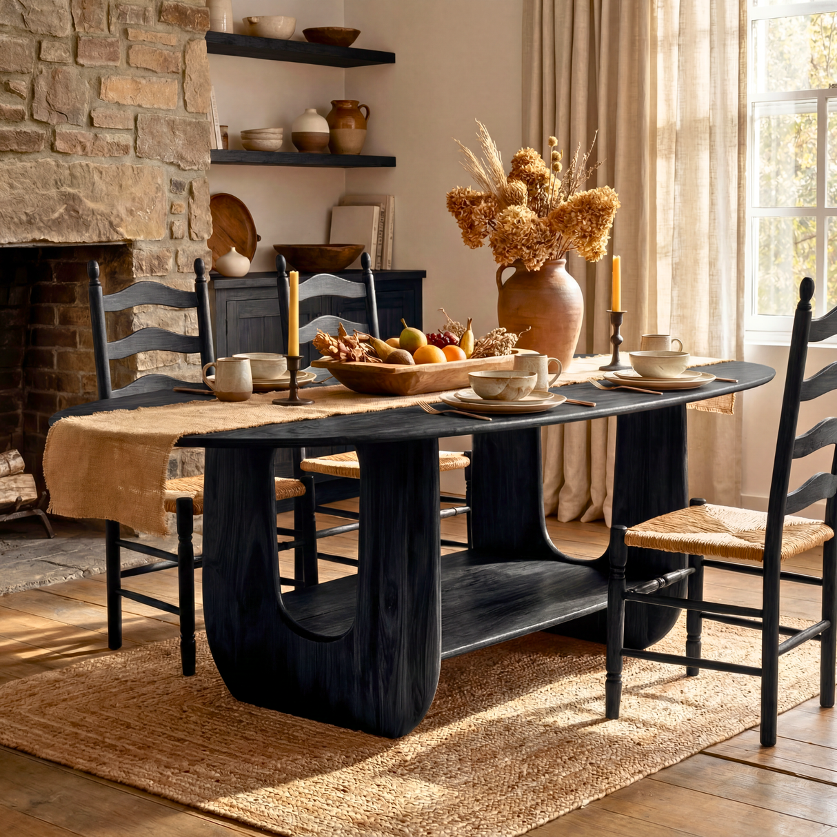 Oval Solid Wood Dining Table with Sculptural Base and Storage Shelf for Dining Room