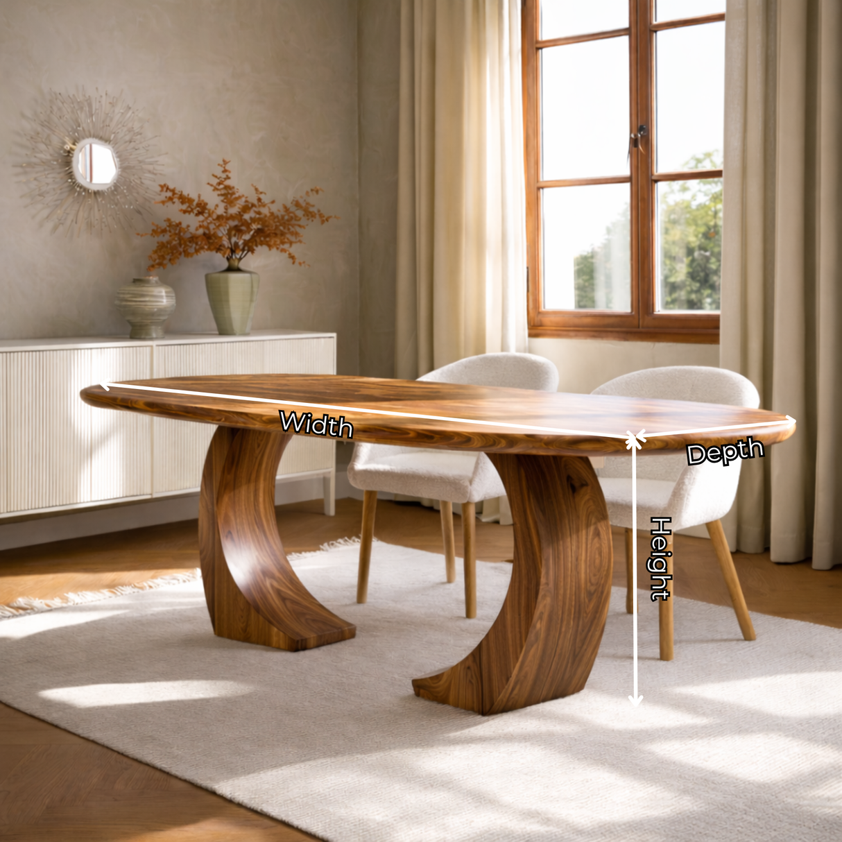 Oval Solid Wood Dining Table with Curved Sculptural Legs for Dining Room