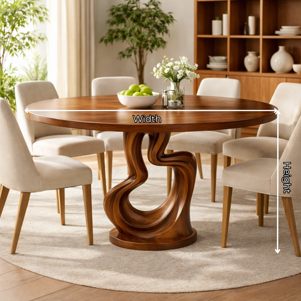 Round Solid Wood Dining Table with Twisted Sculptural Base for Dining Room