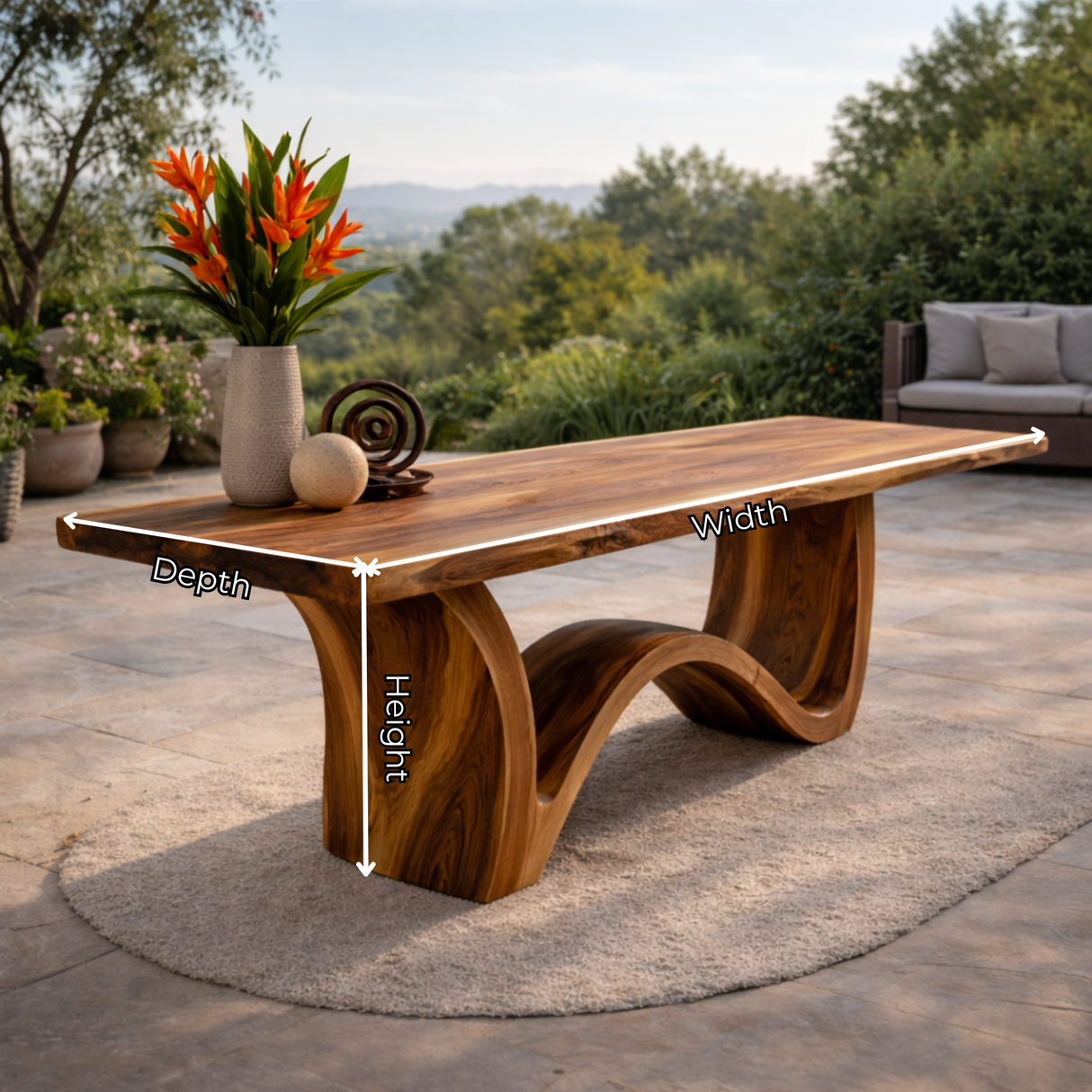 Live Edge Solid Wood Dining Table with Sculptural Curved Base for Dining Room