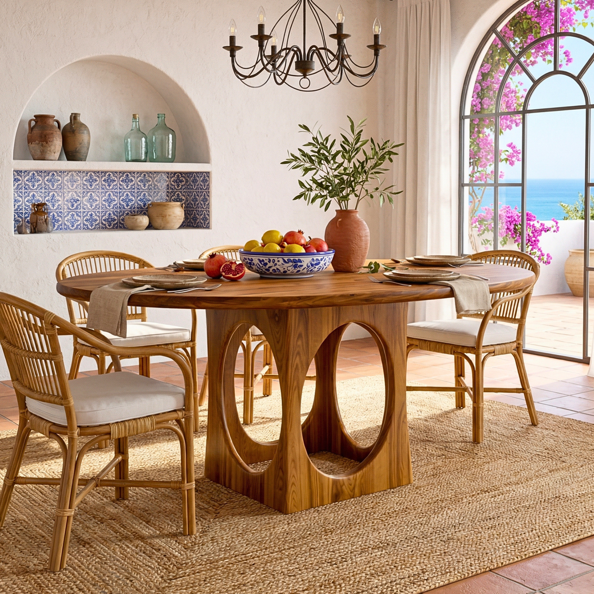 Round Solid Wood Dining Table with Architectural Cut-Out Base for Dining Room