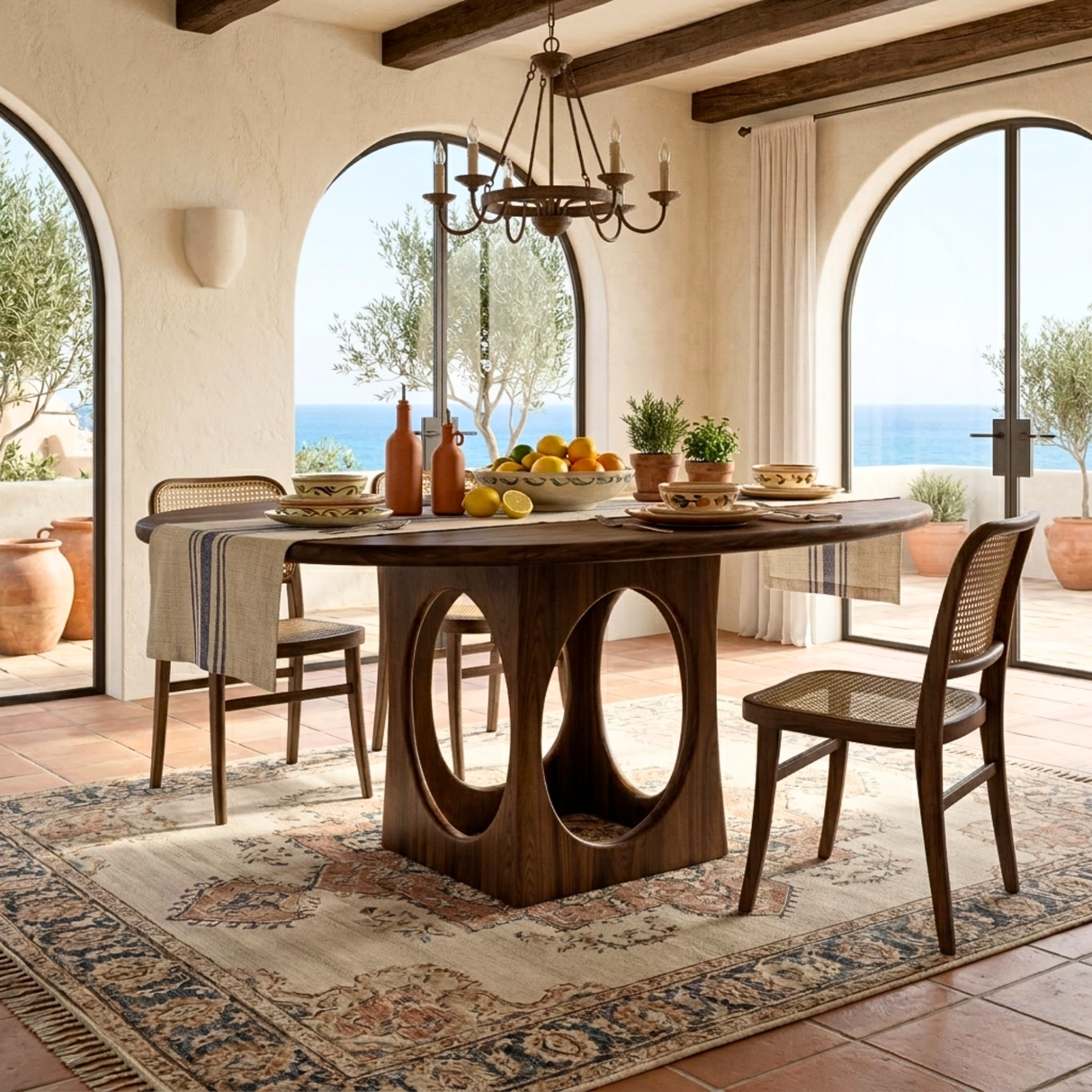 Round Solid Wood Dining Table with Architectural Cut-Out Base for Dining Room