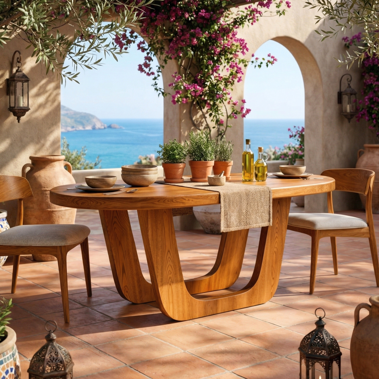 Oval Solid Wood Dining Table with Sculptural U-Base for Dining Room