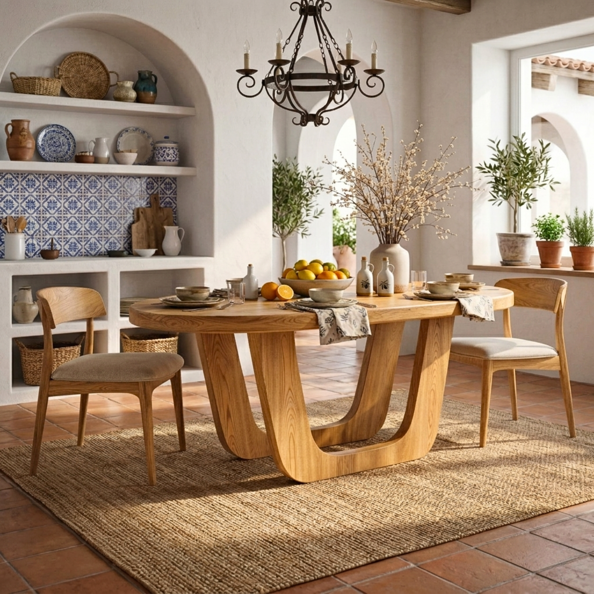 Oval Solid Wood Dining Table with Sculptural U-Base for Dining Room