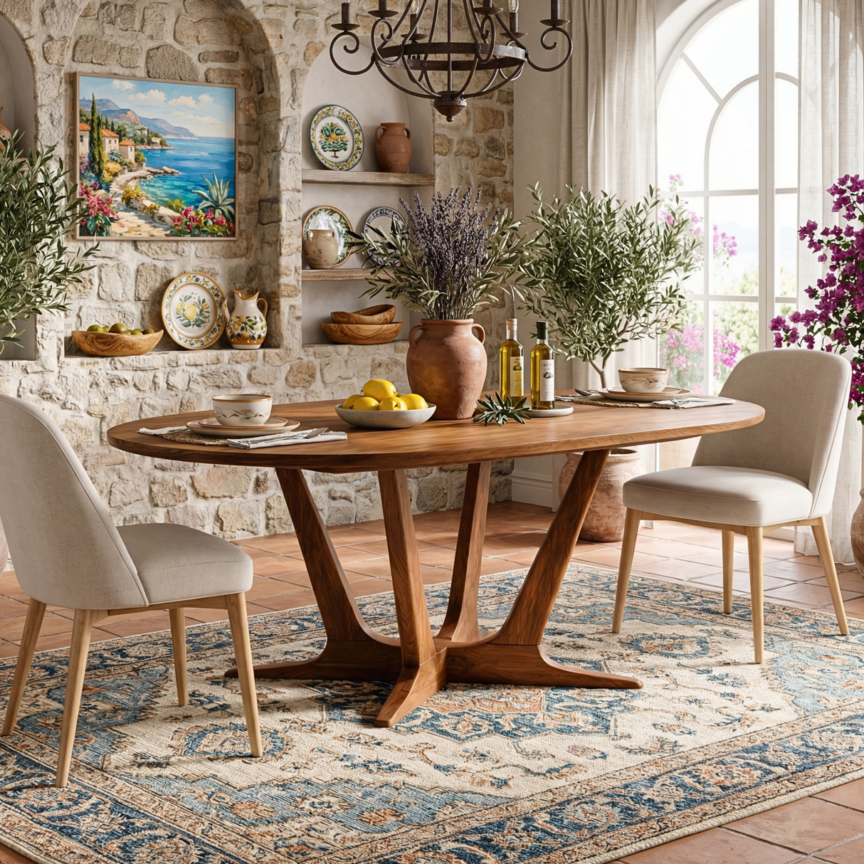 Oval Solid Wood Dining Table with Sculptural Cross Base for Dining Room