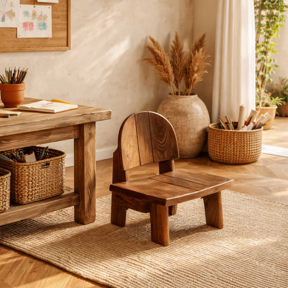 Solid Wood Children Chair with Rounded Backrest for Playrooms or Classrooms