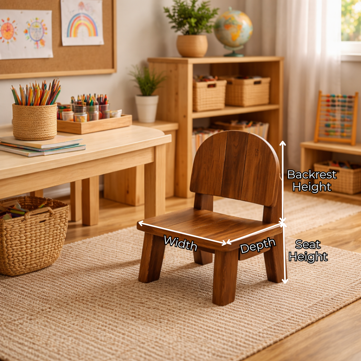 Solid Wood Children Chair with Rounded Backrest for Playrooms or Classrooms