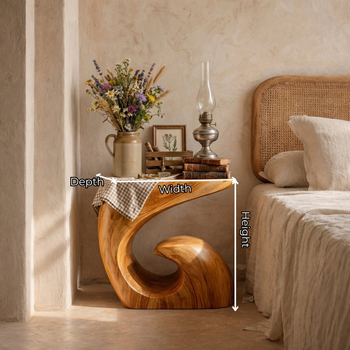 Handcrafted Solid Wood Side Table with Sculptural Curved Base for Bedroom