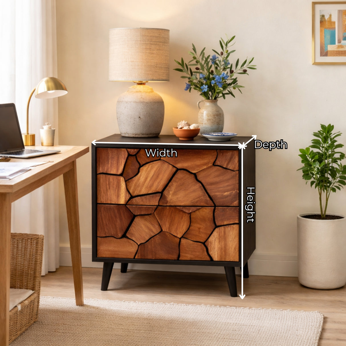 Handcrafted Solid Wood Nightstand with Geometric Carved Drawer Fronts and Black Frame